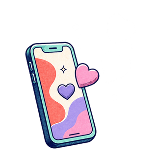 illustrated phone with hearts floating out of the screen
