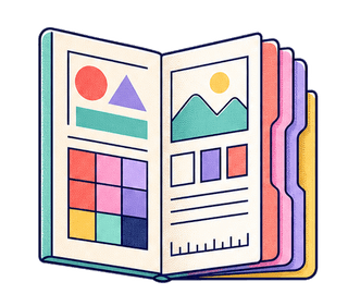 open brand guidebook with color swatches and layouts