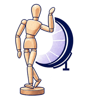 artist mannequin posing beside a globe